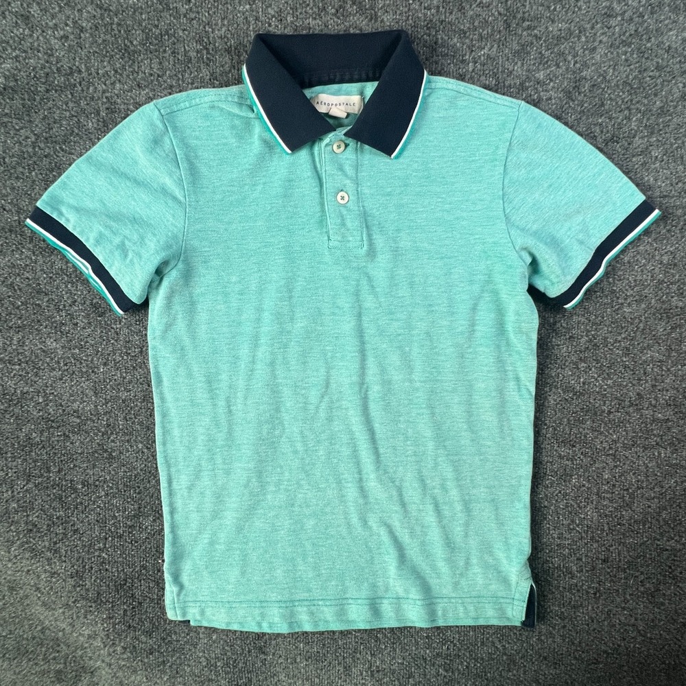Aeropostale Contrast Tipped Pique Polo Shirt Mens Small Aqua Green Golf Tennis